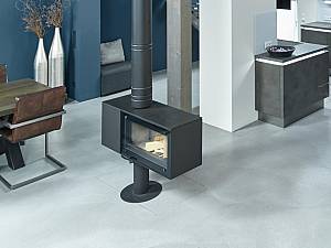 Scantherm, Modell turn, drehbarer Tunnelkamin mit Holzfach, Funkenschutz Sichtestrich.